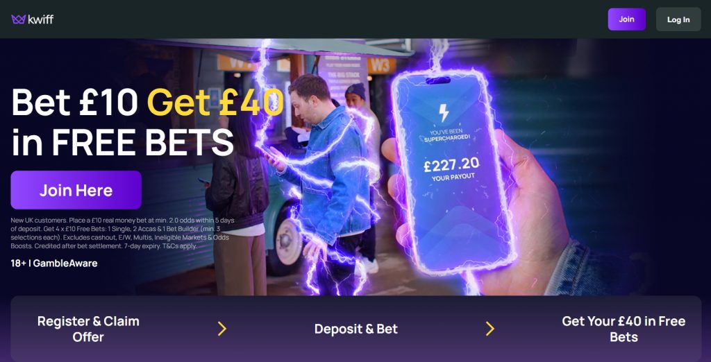 Promo banner advertising 'Bet £10 Get £40 in FREE BETS' with a man tapping a phone, lightning effects, and a purple 'Join Here' button on a dark gradient background.