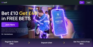 Promo banner advertising 'Bet £10 Get £40 in FREE BETS' with a man tapping a phone, lightning effects, and a purple 'Join Here' button on a dark gradient background.