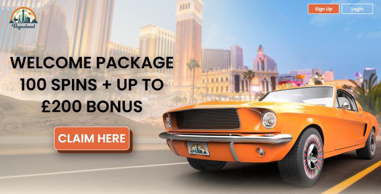Promotional banner showing an orange vintage car in a Las Vegas skyline with a bold headline about 100 spins and a £200 bonus, and a 'Claim Here' button.