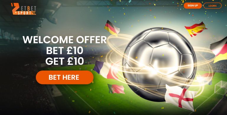 Hero banner promoting welcome offer: 'Bet £10 Get £10' with an orange 'BET HERE' button, soccer stadium background and flags.