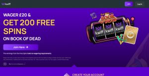 Promotional banner offering £20 wager and 200 free spins on Book of Dead, with a purple gradient and a slot-machine graphic.