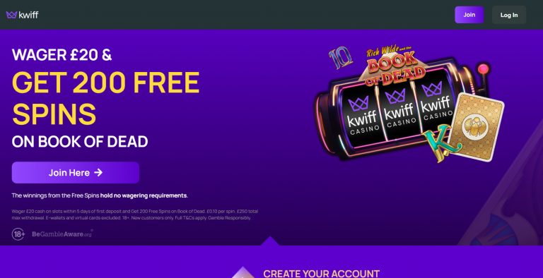 Promotional banner offering £20 wager and 200 free spins on Book of Dead, with a purple gradient and a slot-machine graphic.